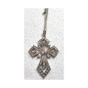 Ornate Cross 3" Pendant Statement 22" Chain Necklace Aurora Borealis Bling